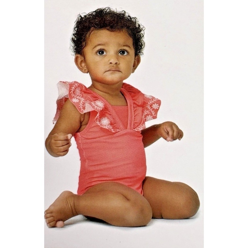 Habitual Baby 12M Embroidered Bella Swim Ruffle UPF 50+ 1 Piece Suit Dark Pink